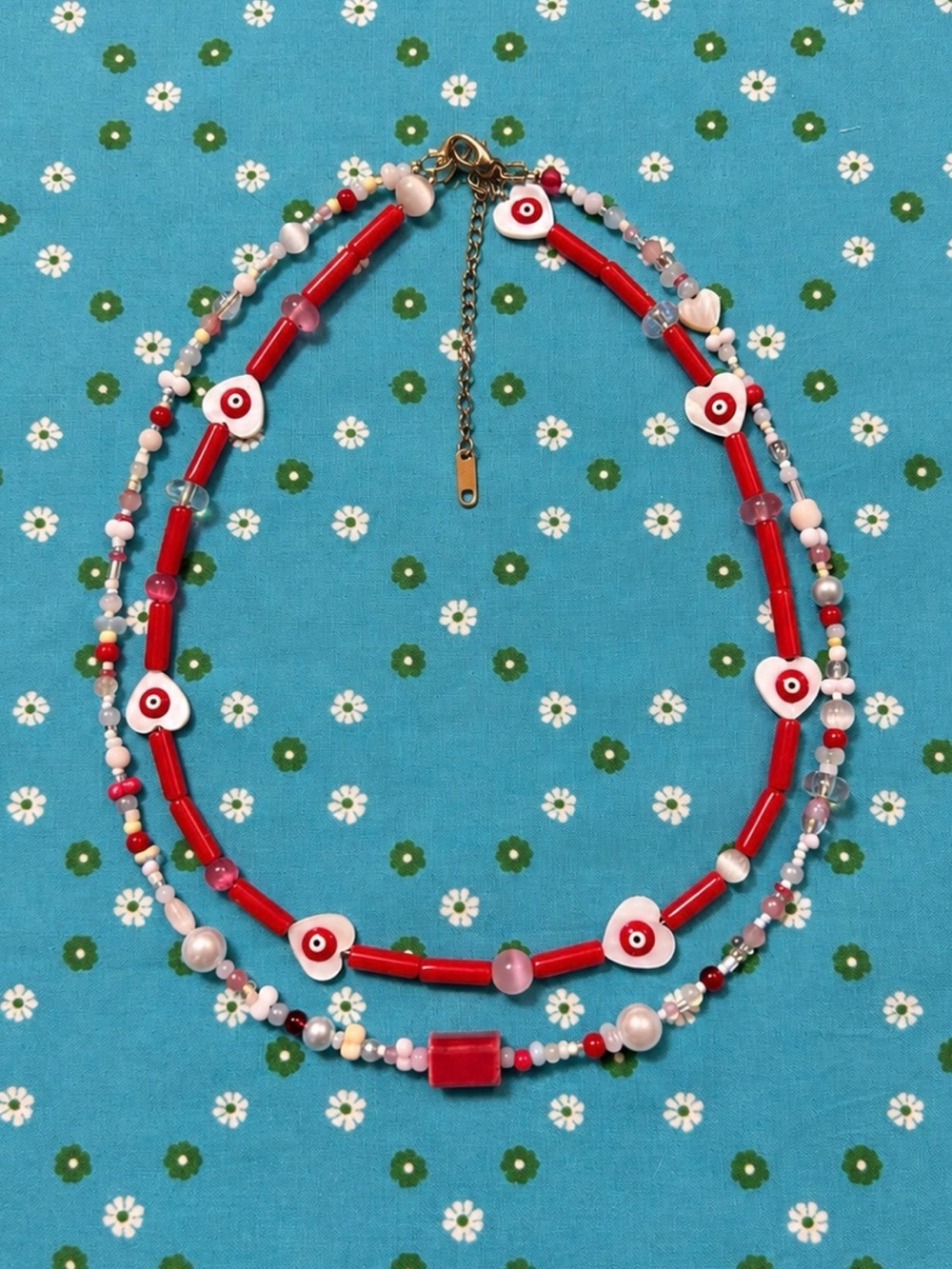 Handmade Double Strand Red Beaded Layered Evil Eye Heart Necklace